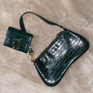 Faux dark green Crocodile skin hand bag/wallet